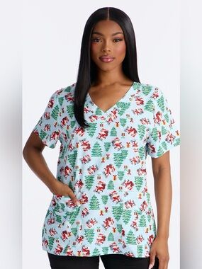 Joe Boxer Holiday Santa & Tree Print V-Neck Scrub Top - Light Blue🎄